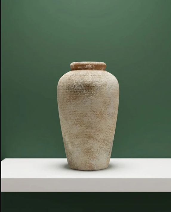 Ceramic Vase, Rustic Textured Distressed Cream Beige Decorative Pot