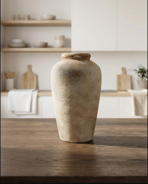 Ceramic Vase, Rustic Textured Distressed Cream Beige Decorative Pot