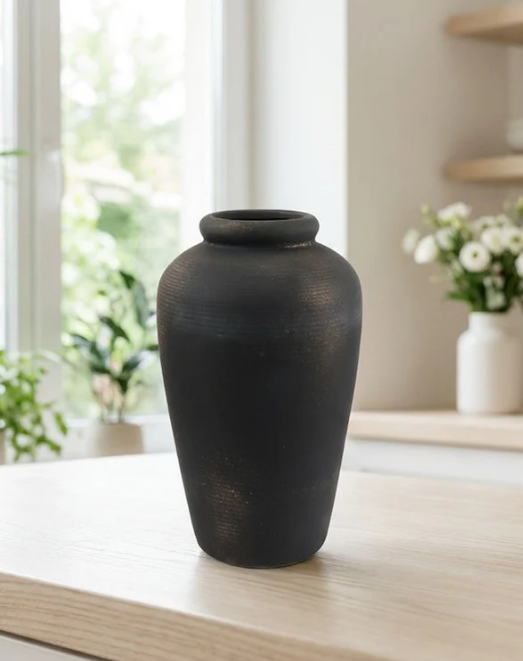 Rustic Ceramic Vase, Distressed  black Stoneware-Look Decorative Pottery