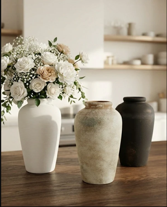 Rustic Ceramic Vase, Distressed  black Stoneware-Look Decorative Pottery